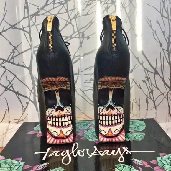 Taylor Says black leather colorful skull drawing Calavera Gravity Platform heels - Picture 2 of 8